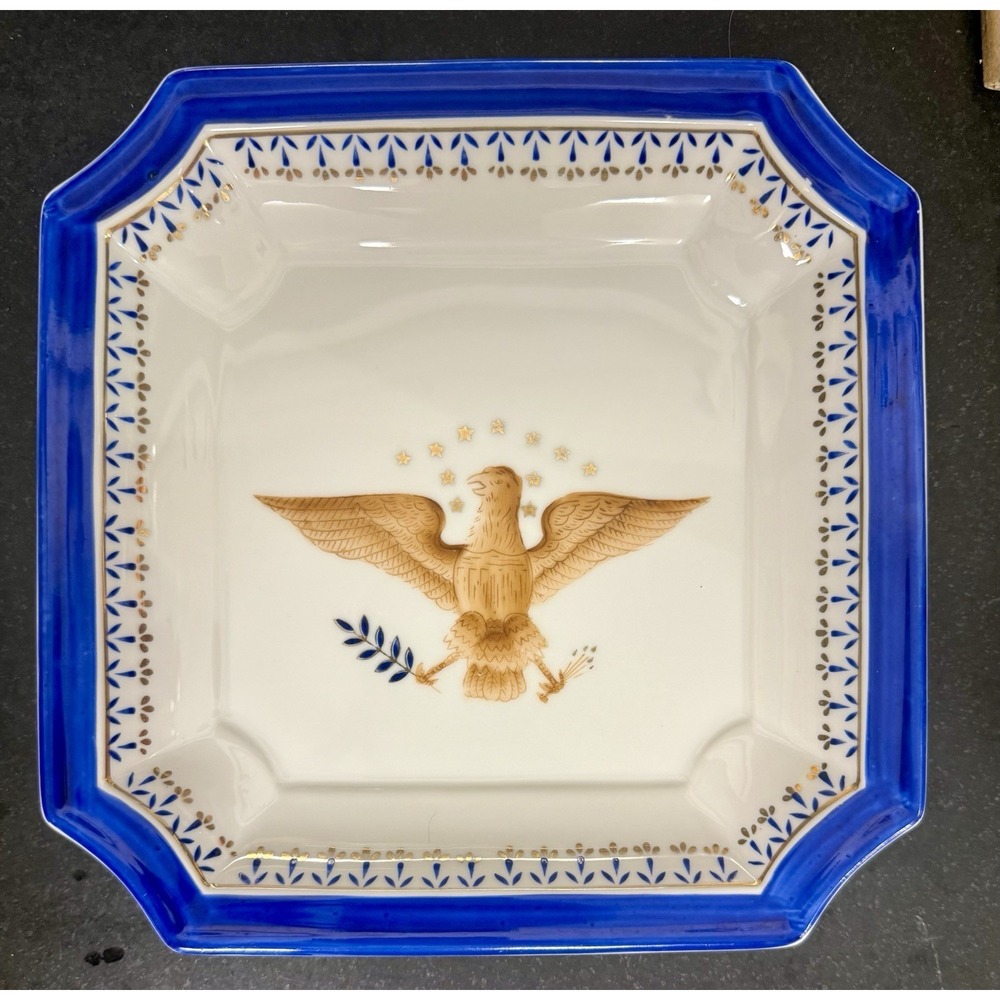 Vintage American Eagle Cobalt Blue Gold Square Dish Plate 8" Federal Style